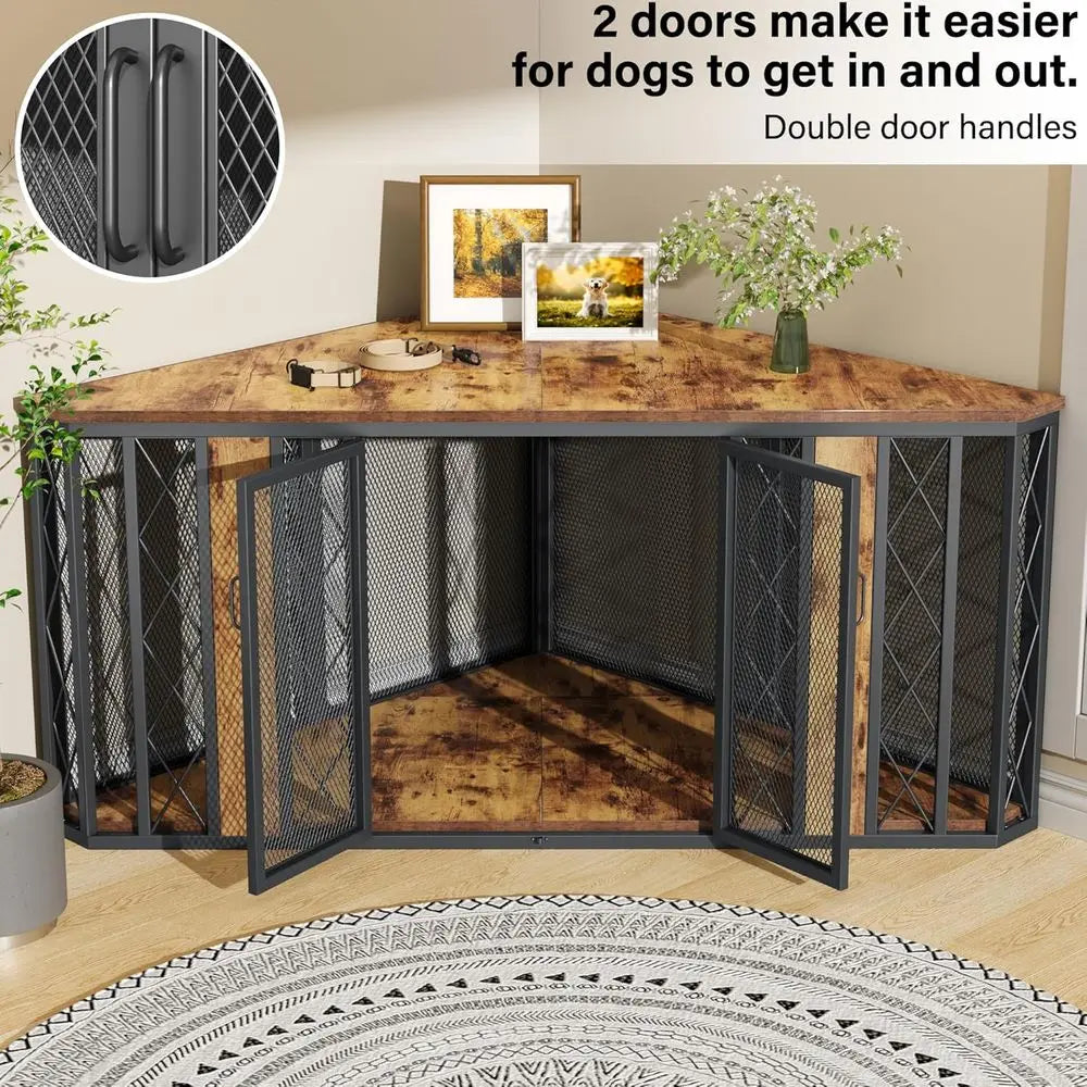 Corner Wooden Dog Crate Furniture With Diamond Metal Accent