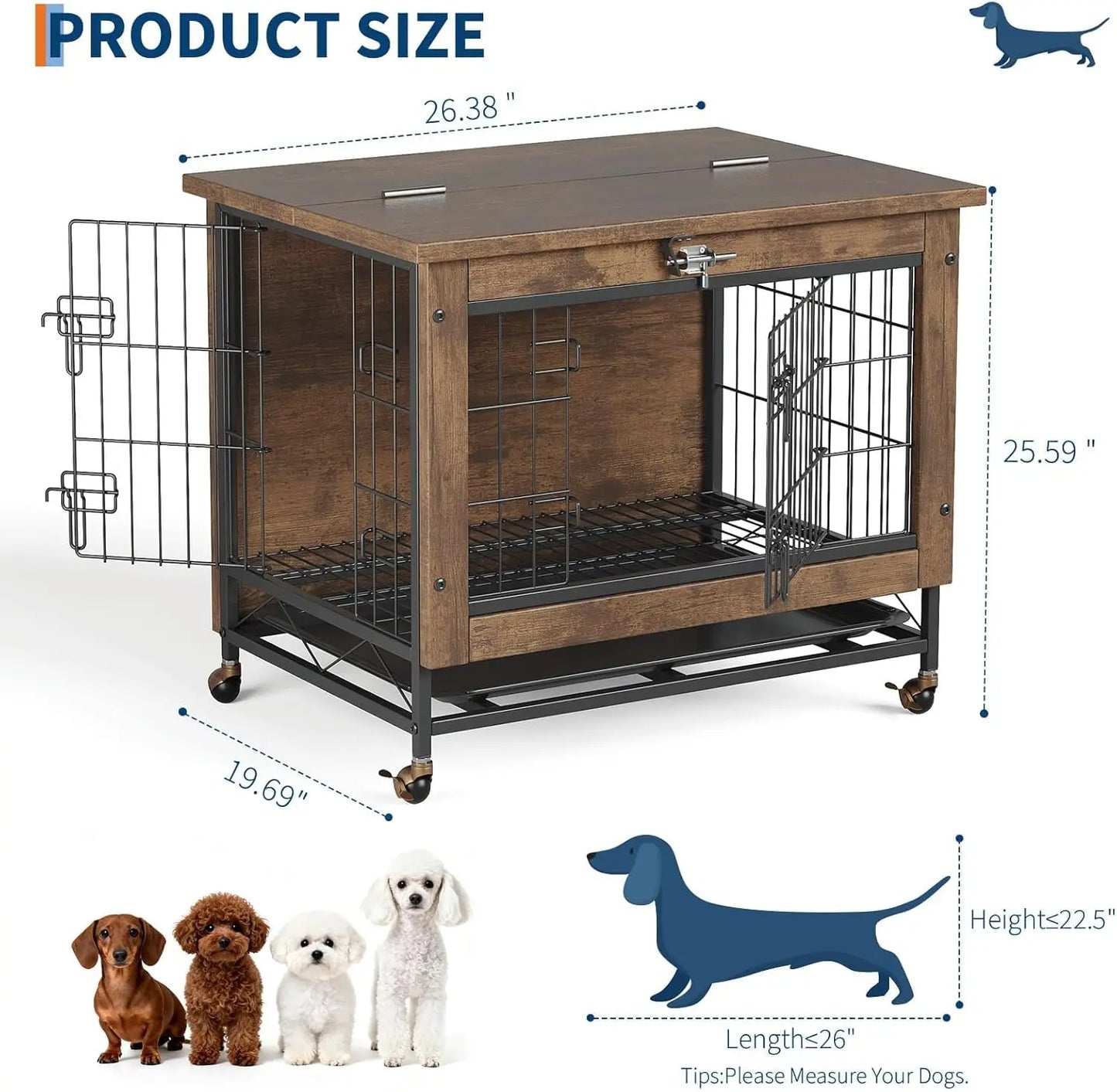 HiMISS Rustic Dog Crate Furniture With Wheels Indoor AntiChew Kennel