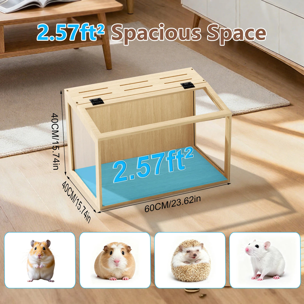 Large Wooden Hamster Cage Clear Tempered Glass Pet Small Animal Habitat Cage Playful House Built-in LED Light with Openable Roof