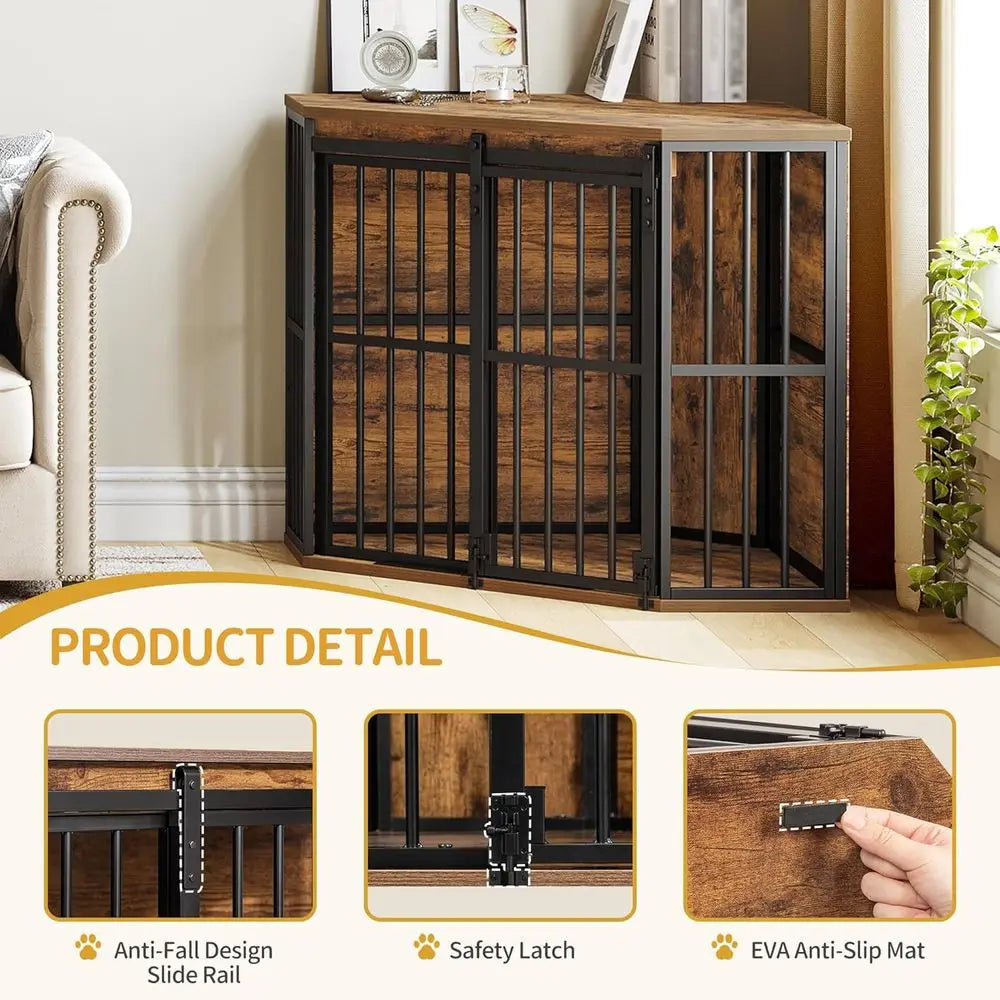 Corner Dog Crate Furniture With Barn Door Heavy Duty Indoor Kennel