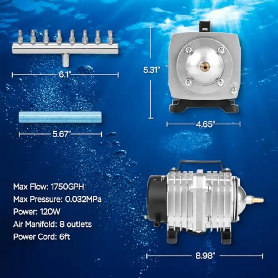 Aluminum Housing Aquarium Air Pump 600 1000 1200 1750 GPH Bubbler For Aquariums