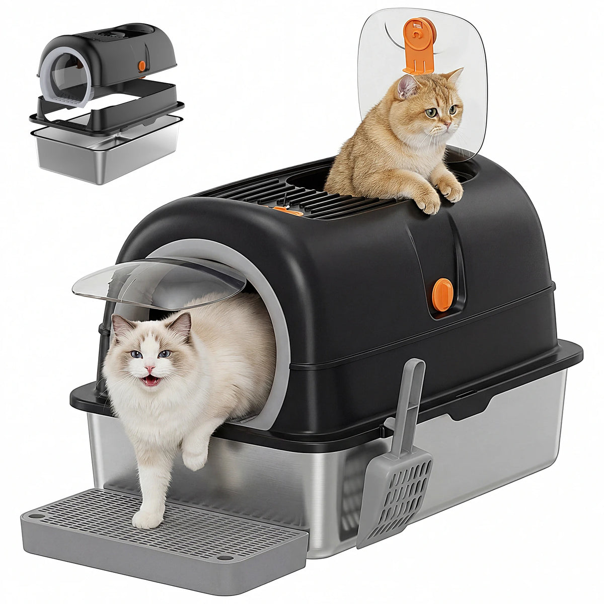 Fully Enclosed Stainless Steel Cat Litter Box With Scoop