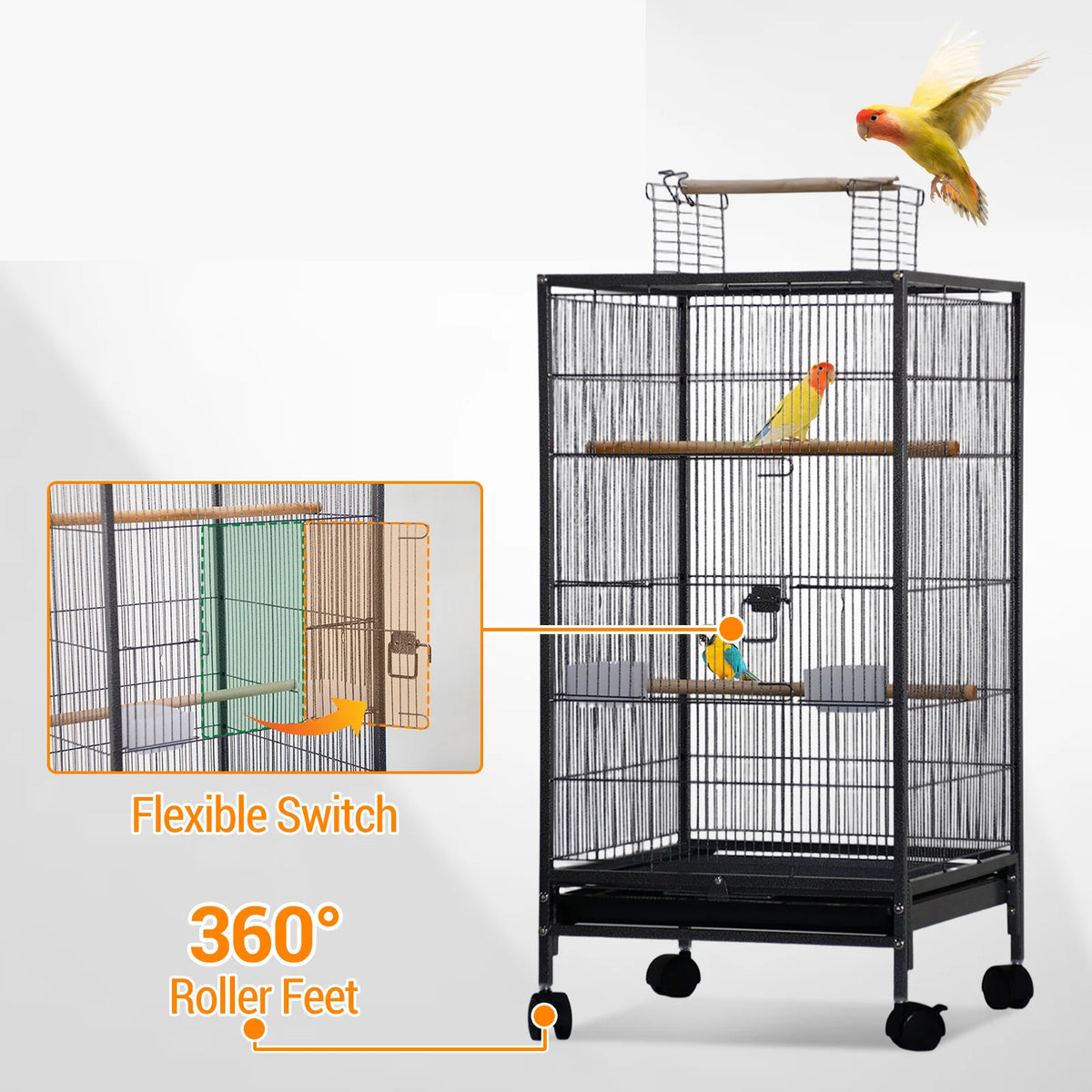 40 Inch Open Top Metal Bird Cage With Wooden Perches Slide-Out Tray Wheels Water Bottle Feeder For Parrot Parakeet Cockatiel