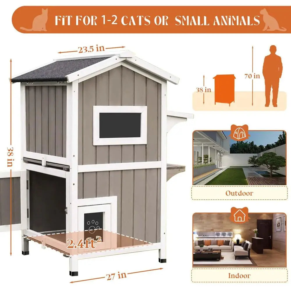 Outdoor Weatherproof Cat House 2 Story Wooden Shelter For Cats