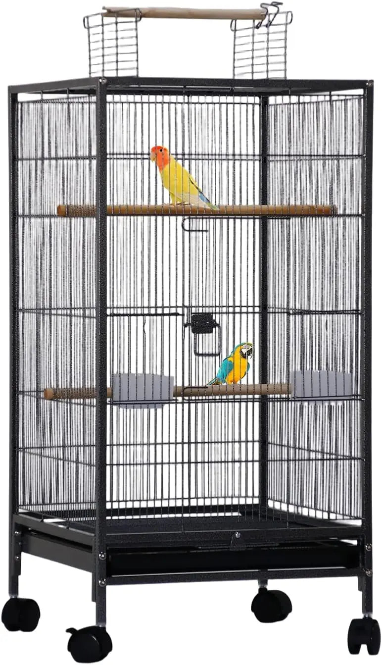 40 inch Wrought Iron Bird Cage with Play Open Top and Rolling Stand,Hanging Bird Cage with Slide-Out Tray Water Bottle Feeder fo