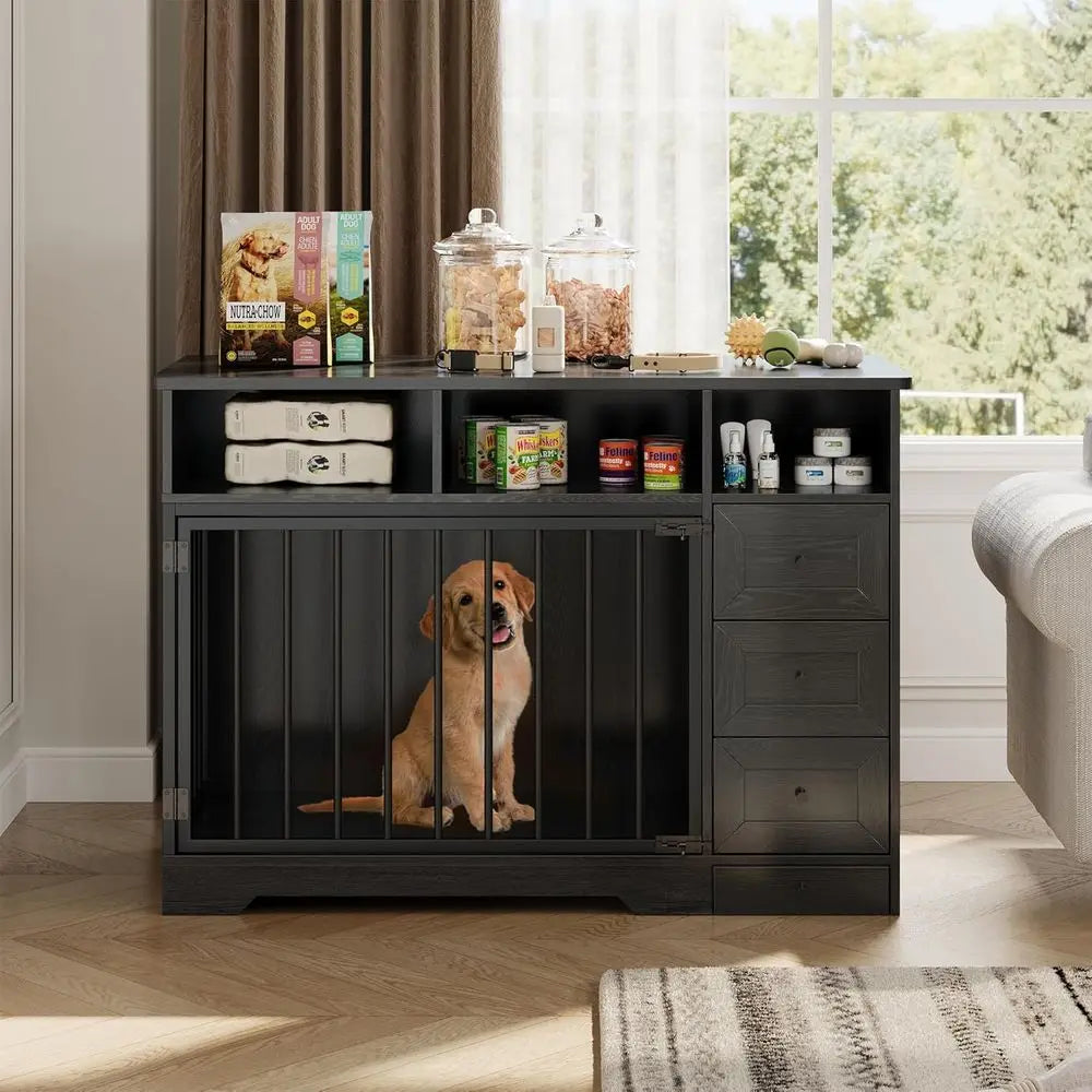 Farmhouse Style Heavy Duty Dog Crate End Table With Bowl Storage