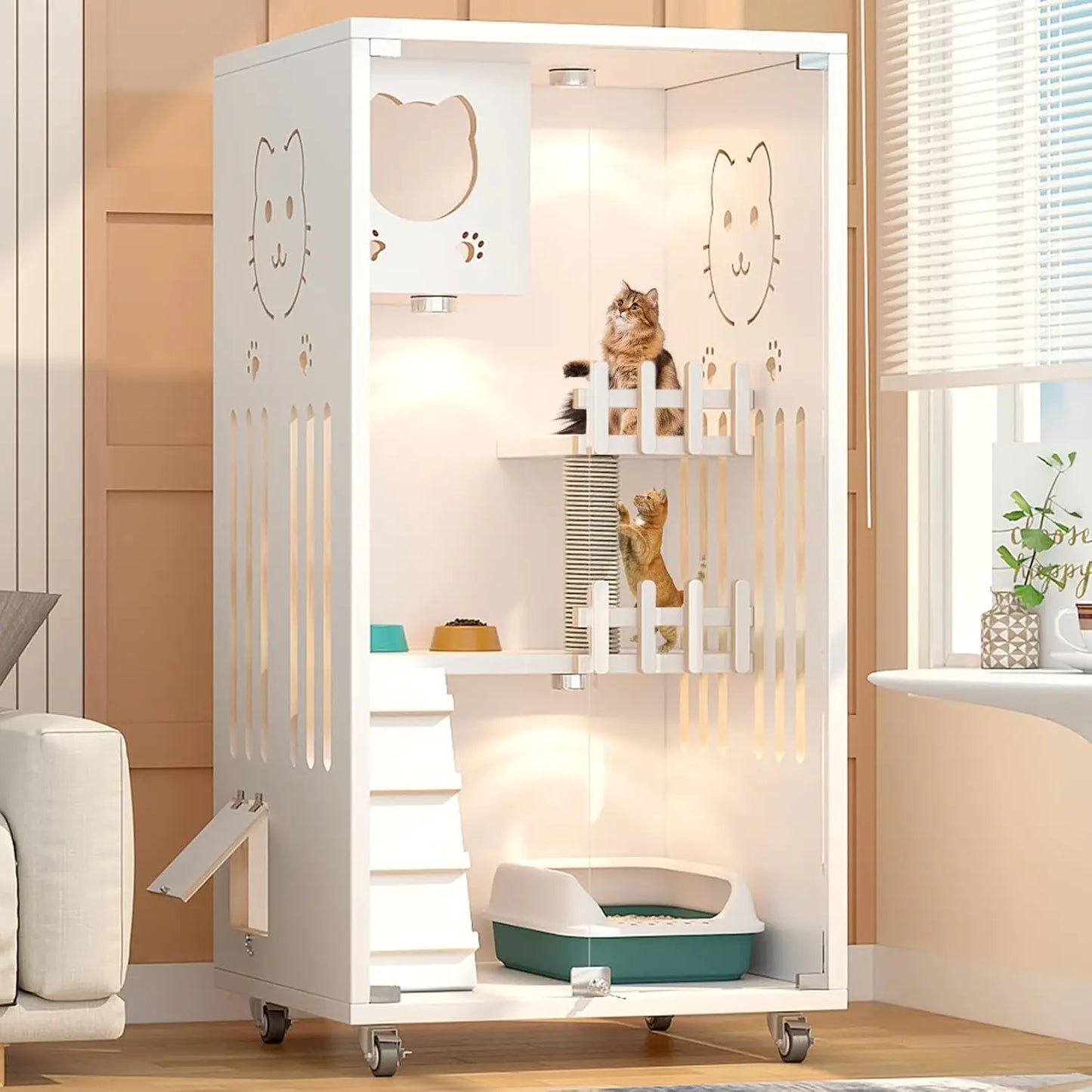 Wooden Cat House With Scratcher Wheels Indoor Ventilated Glass Doors