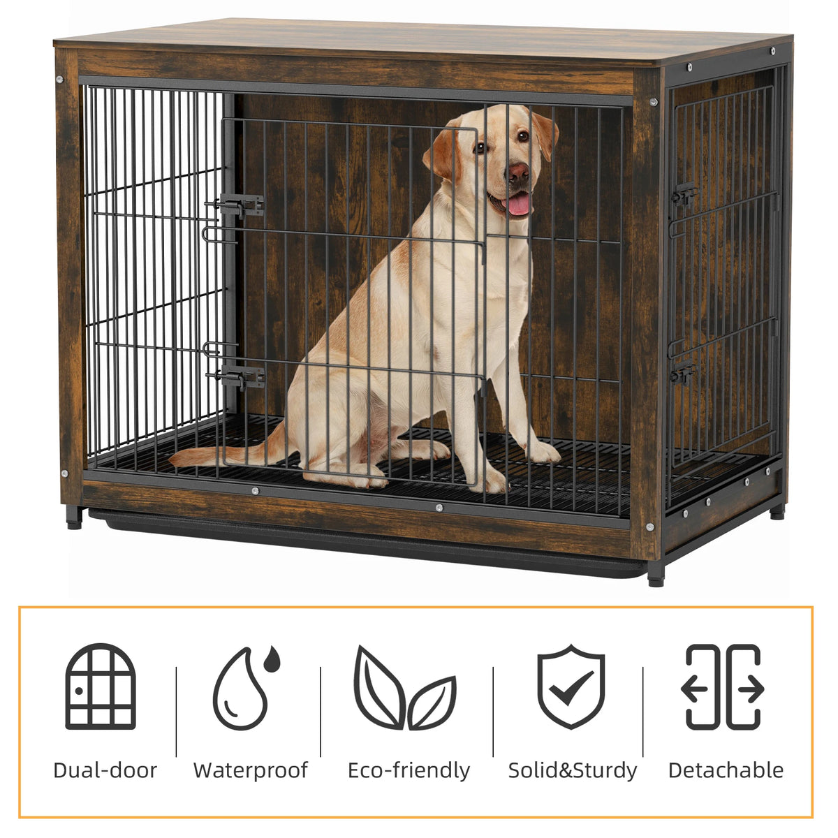Pet Cage Kennels with 2 Doors and Removable Tray, Dog Crate, End Table Furniture, Wood Metal, Combine Pet Cage, S, M, L, 3 Sizes