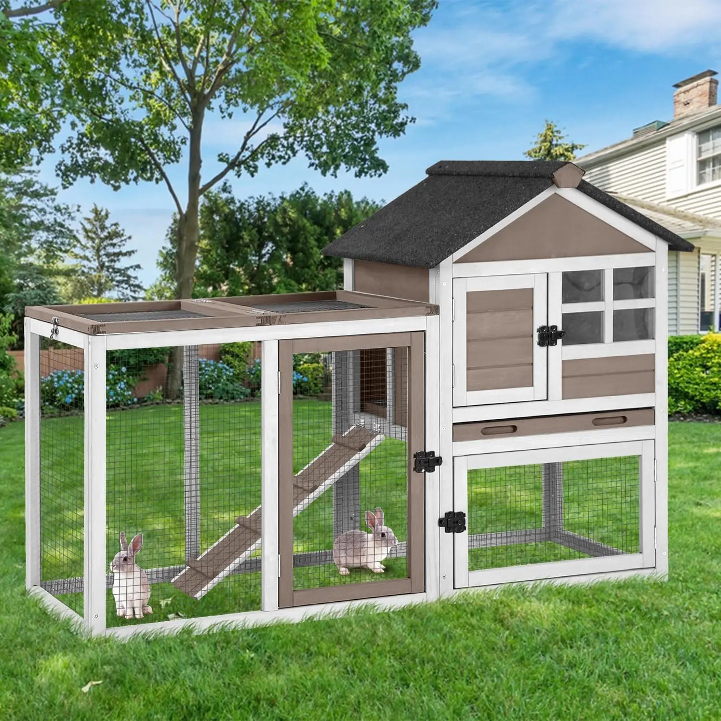 Two Story Rabbit Hutch With Chewproof Full Metal Frame And Locking Casters