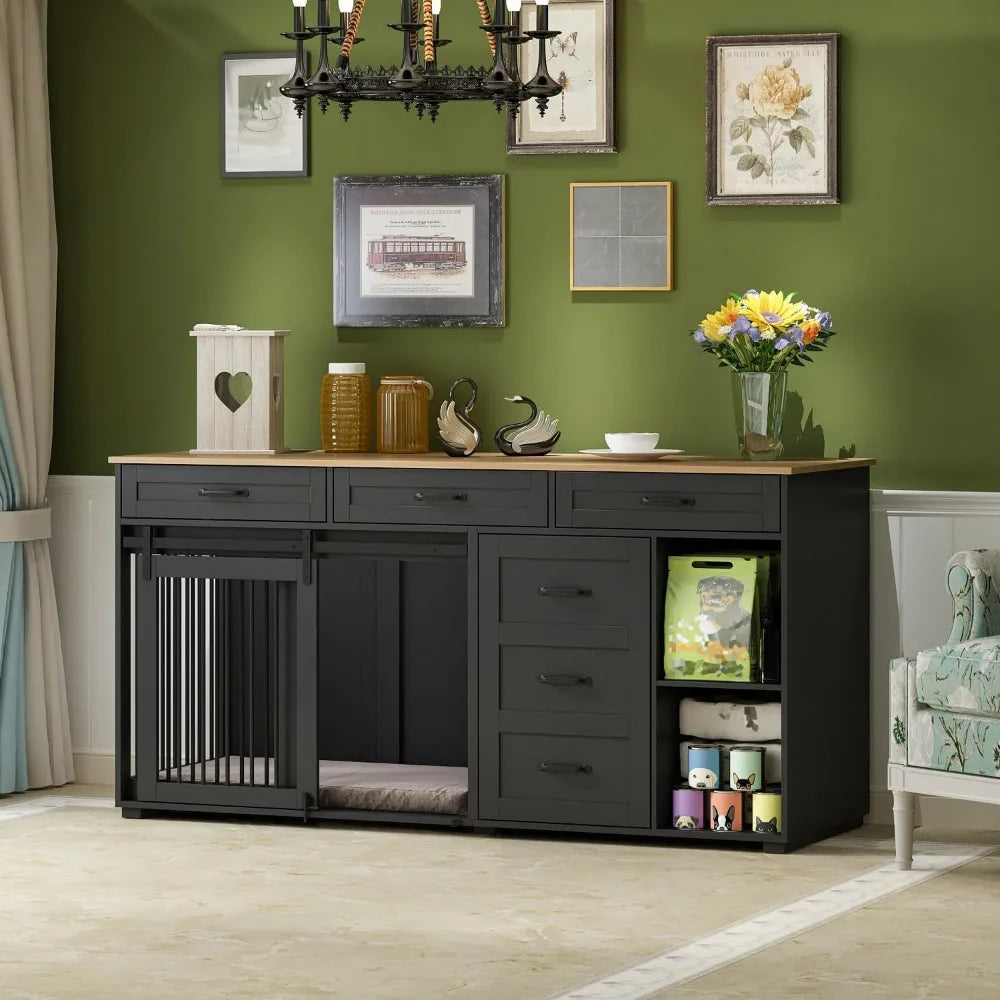 Wooden Heavy Duty Dog Crate Table With Storage Drawers Shelves