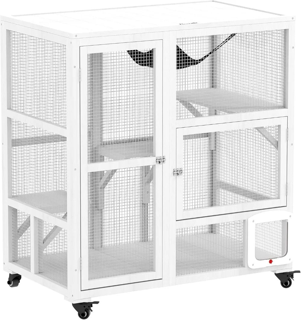 Indoor Wooden Cat Enclosure On Wheels With Three Platforms Hammock Cat Flap Door