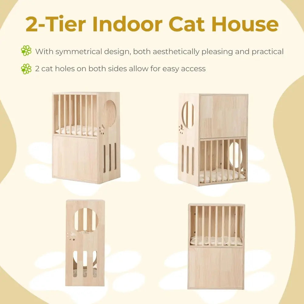 Two Tier Luxury Wood Cat House With Plush Cushions
