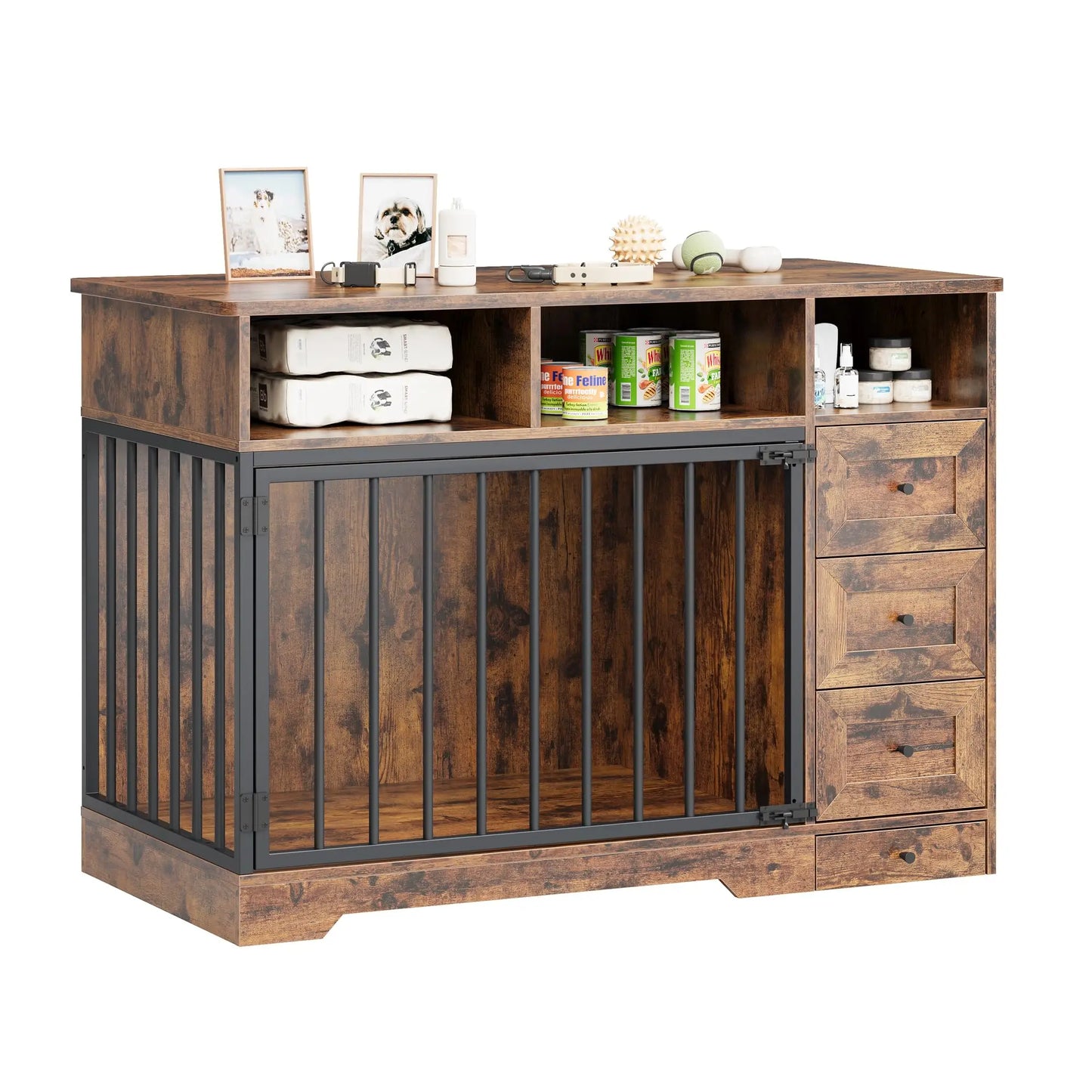HiMISS Farmhouse Wooden Dog Crate End Table With Six Storage Drawers