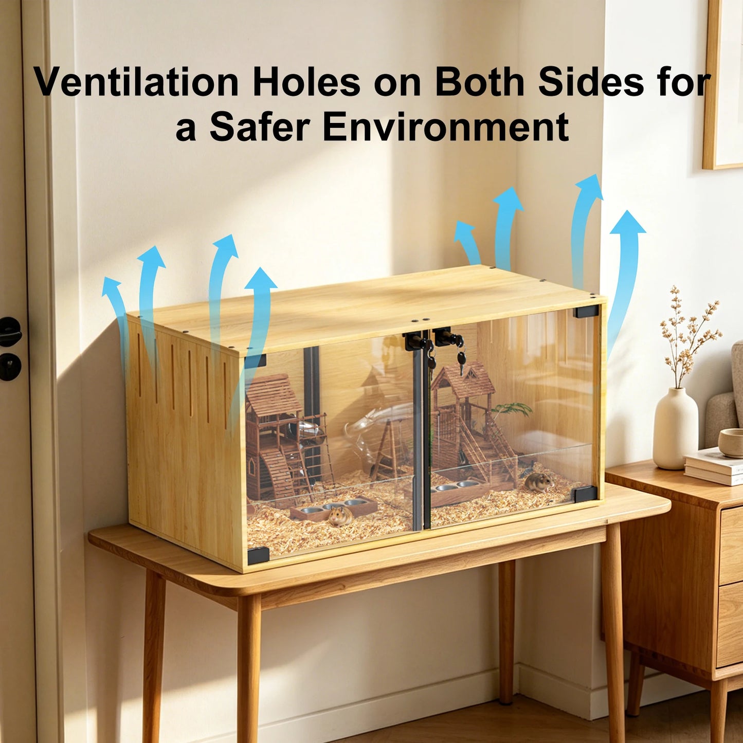 Wooden Hamster Cage With Dual Doors And Removable Divider Chew Proof