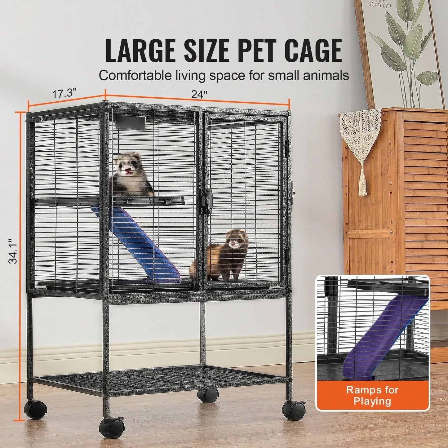 Rolling Metal Ferret Cage, 24" X 17.3" X 34.1" To 336.2"X 22.8" X 64.6", Large 2 Or 4-Tier Critter Nation Cage, Small Animal Cage With Ramps & Tray, Easy To Set Up For Pet Rats, Hamster, Guinea Pig, Chinchilla, Squirrel, Hedg