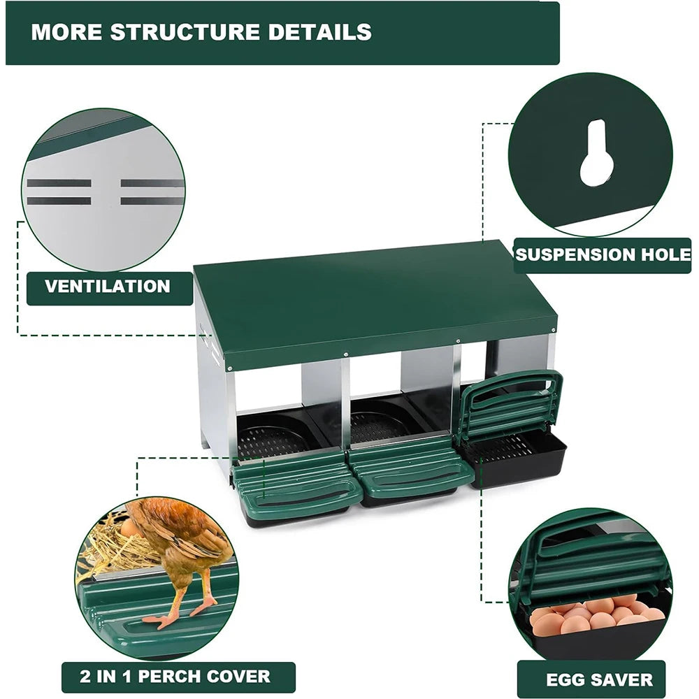 HiMISS 3 Compartment Roll Out Nesting Box For Chicken Coop Egg Collection