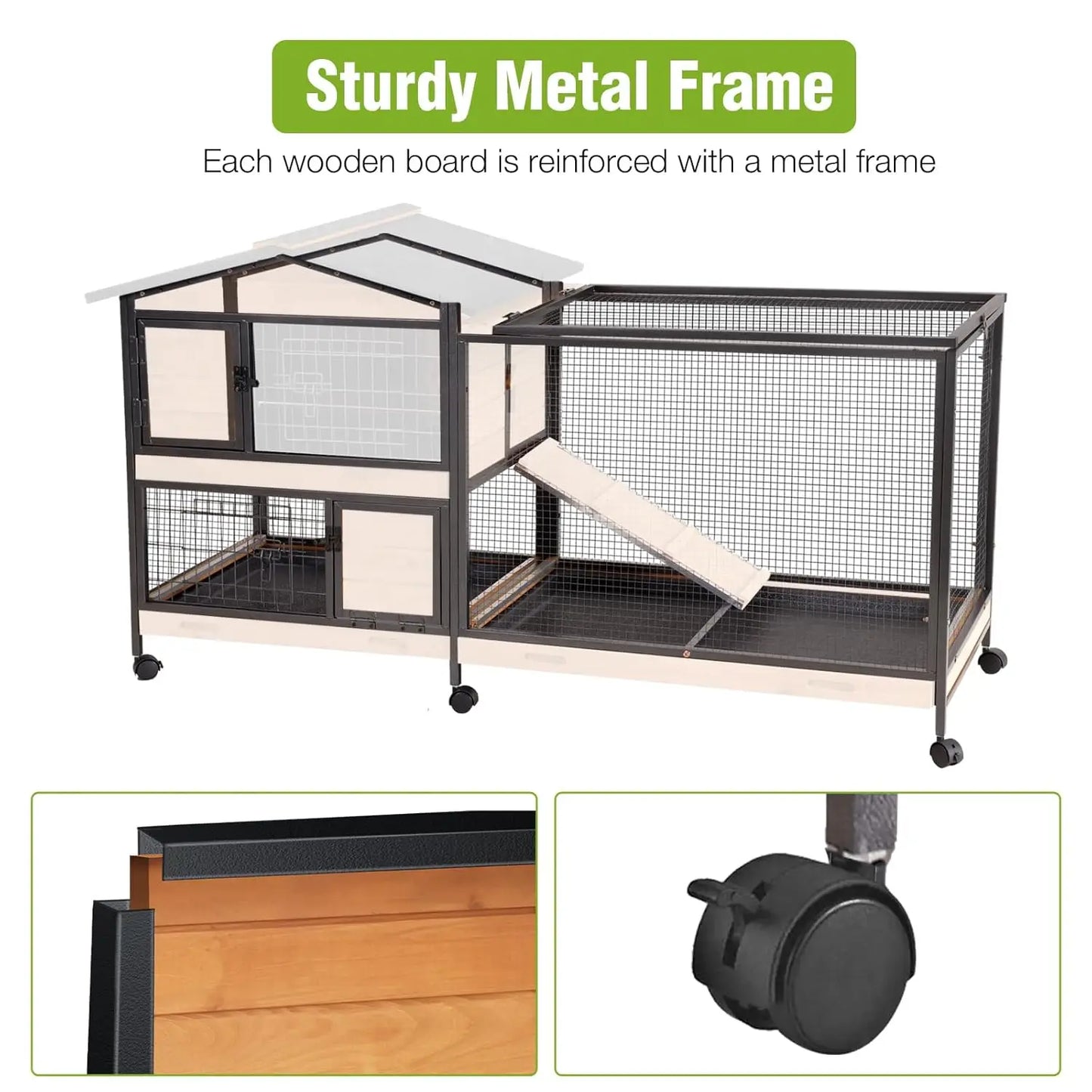 Two Story Rabbit Hutch With Chewproof Full Metal Frame And Locking Casters