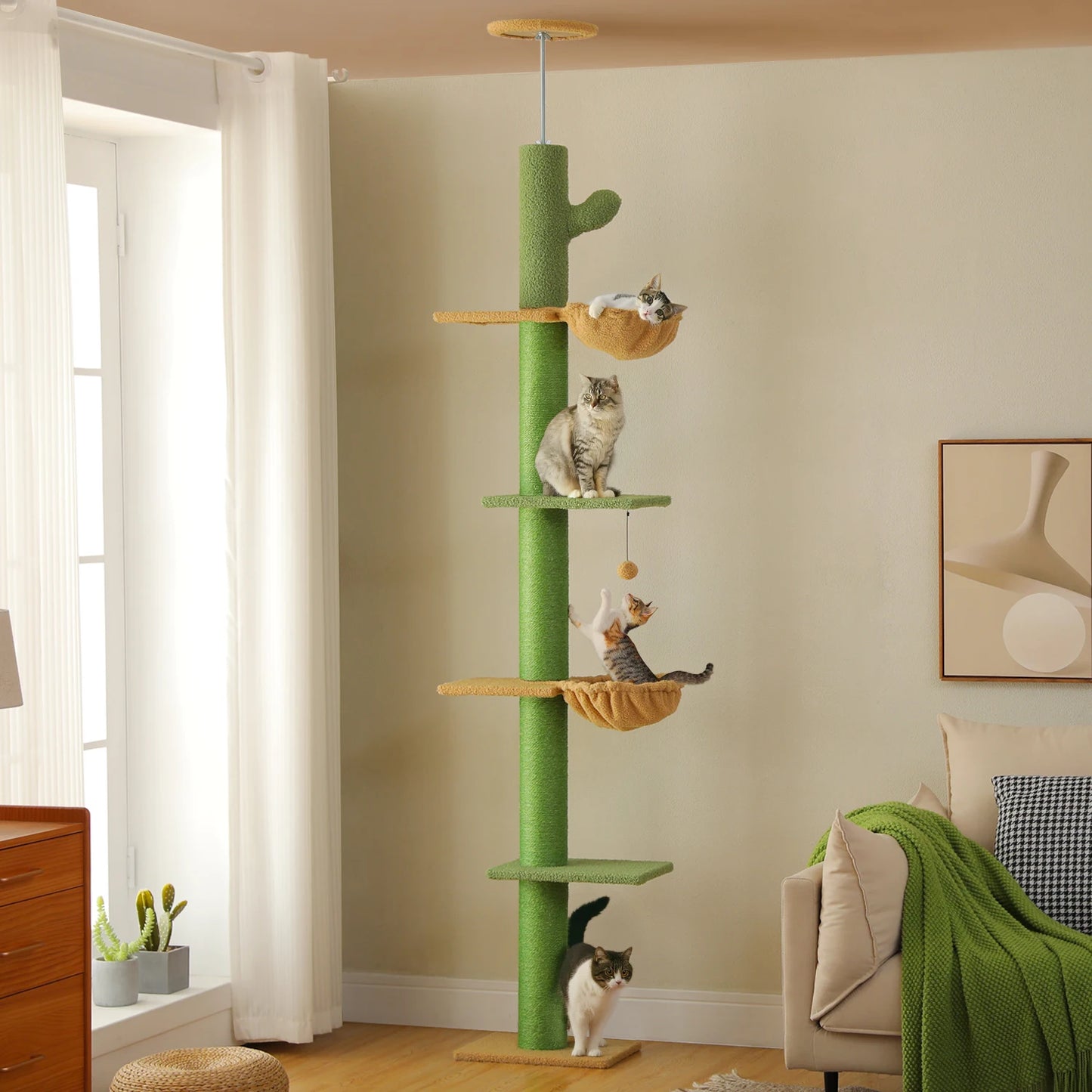 PEQULTI Cactus Cat Tree Floor To Ceiling Tower With Sisal Scratching Post