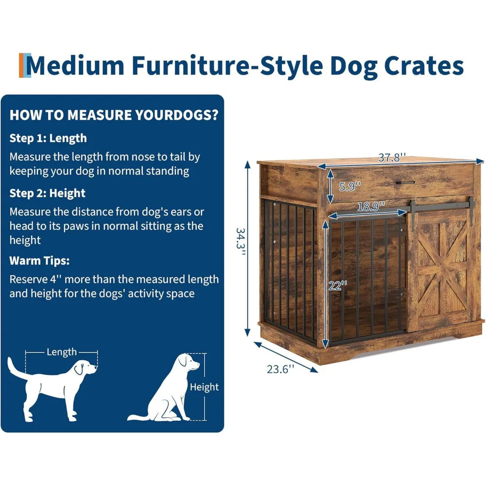 HiMISS Farmhouse Dog Crate Furniture End Table With Sliding Barn Doors Drawer