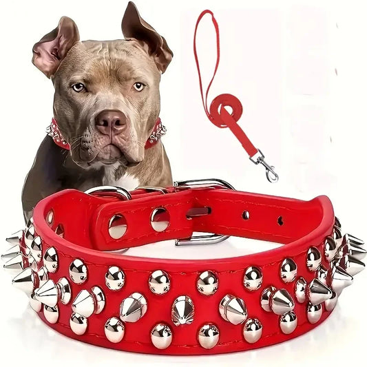 Leather Spiked Dog Collar And Leash Set Rivet Adjustable