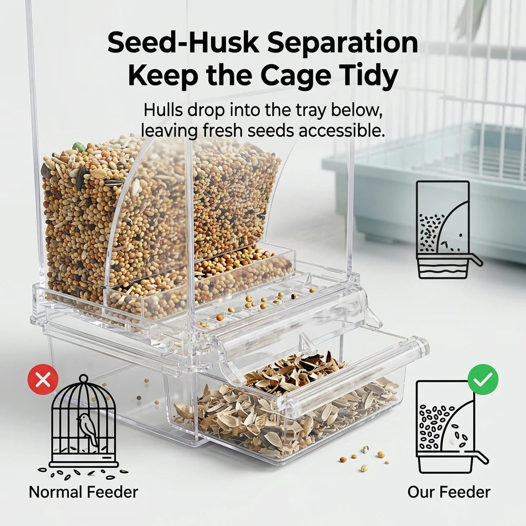 No Mess Automatic Bird Feeder Clear Acrylic Seed Dispenser Spill-Proof Parrot Feeder Cage Accessories for Budgies Parakeet Cockatiel Finch