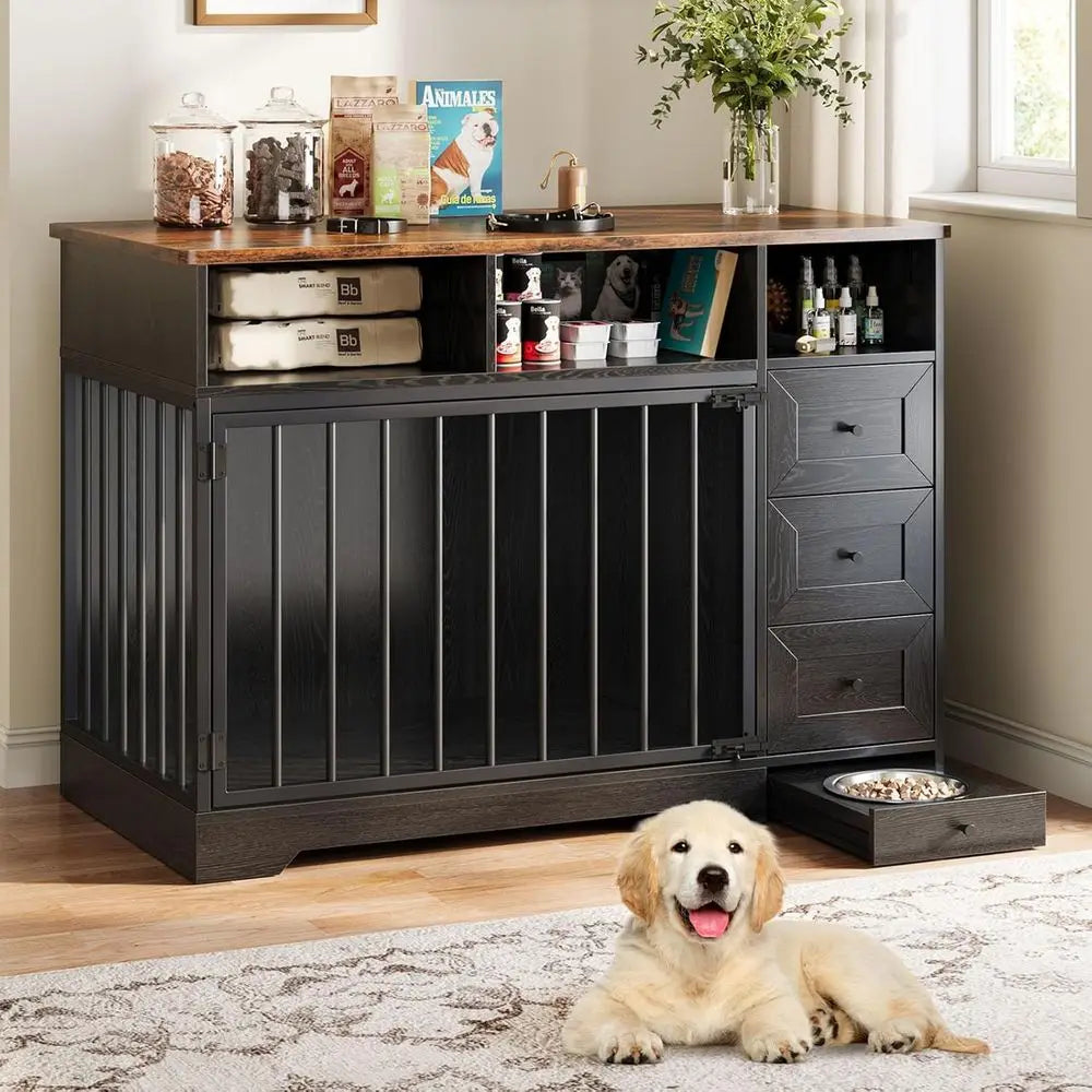 Farmhouse Style Heavy Duty Dog Crate End Table With Bowl Storage