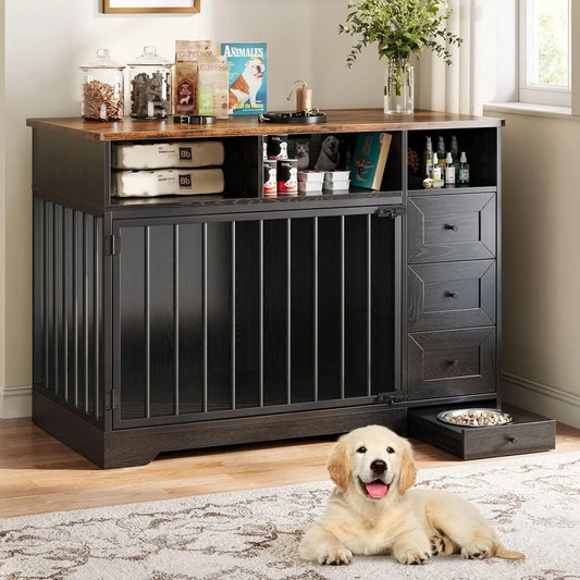 Farmhouse Style Heavy Duty Dog Crate End Table With Bowl Storage