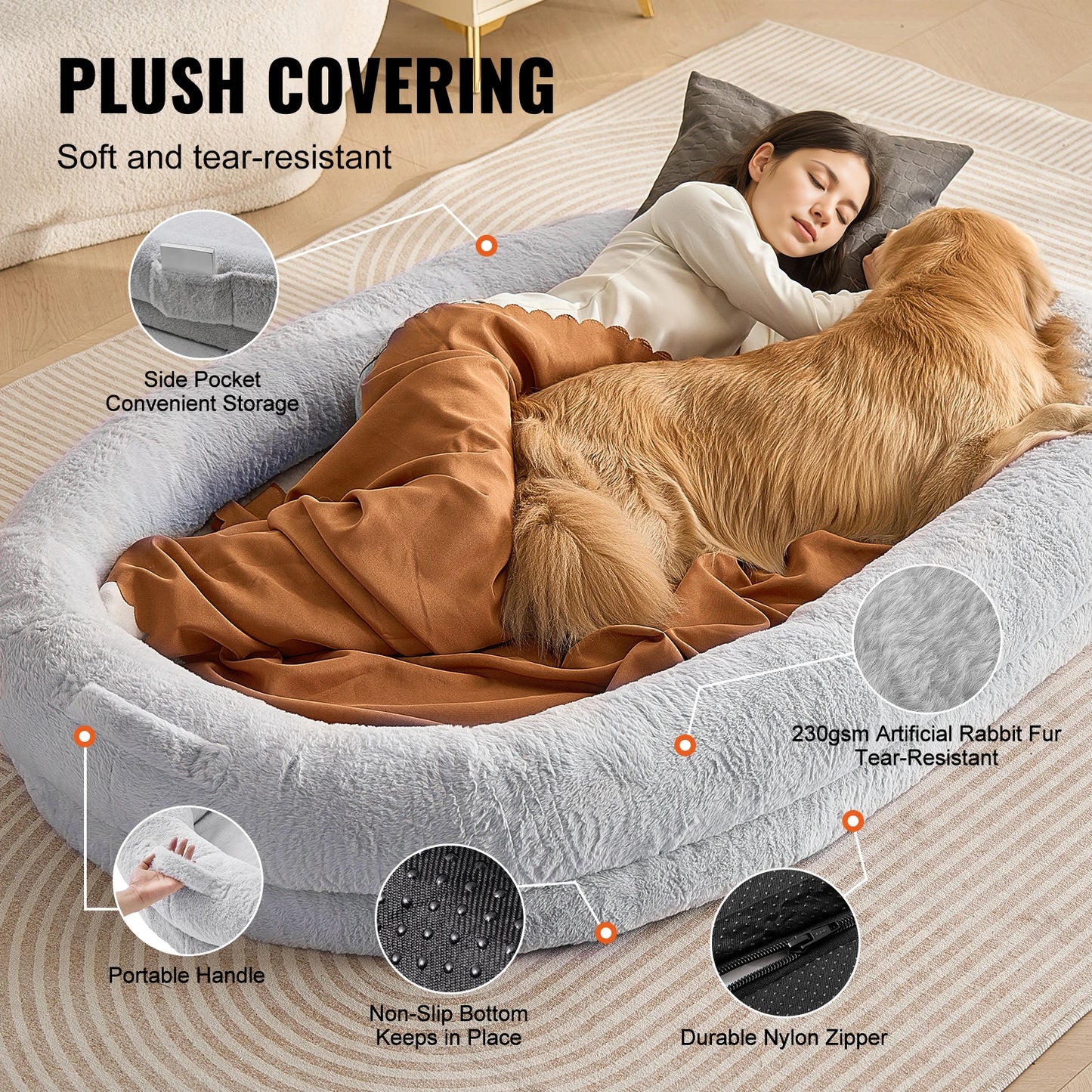 SucceBuy Human Dog Bed With Orthopedic Foam And Washable Faux Rabbit Fur Cover