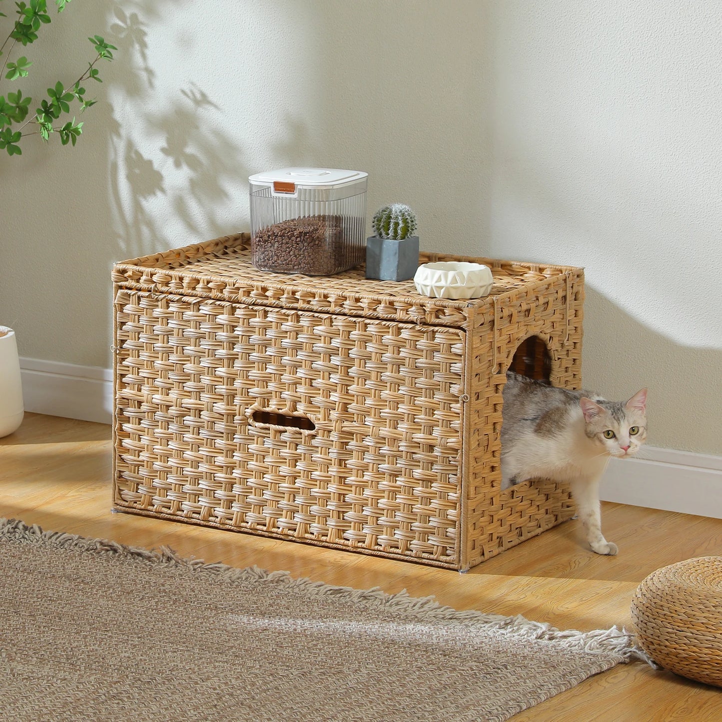 PEQULTI Rattan Cat Litter Box Enclosure With Taller Doorway And Raised Edge Mat