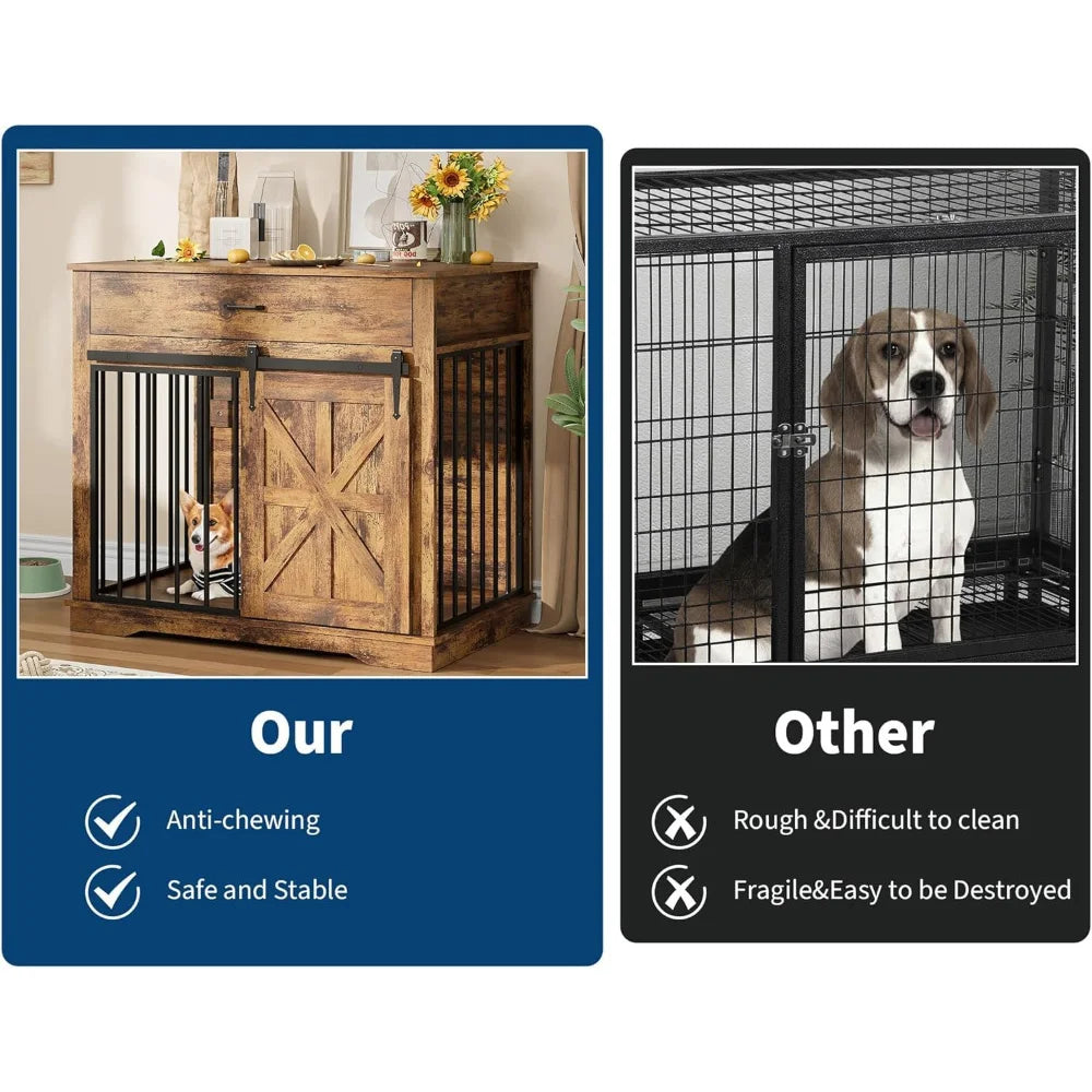 HiMISS Farmhouse Dog Crate Furniture End Table With Sliding Barn Doors Drawer