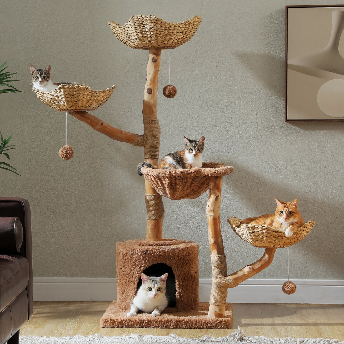 Large Cat Tree Tower with Sisal Scratching Post Wicker Basket Bed Flower Cat Condo Indoor Modern Cat Furniture Cat Accessories