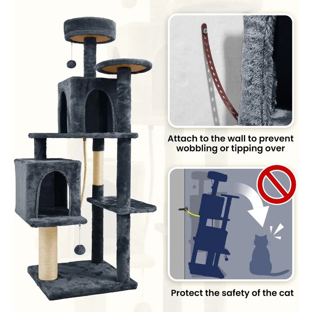 Large Multi-Level Cat Tree Condo Indoor Climbing Tower Scratching Post Sisal Soft Plush Black Grey