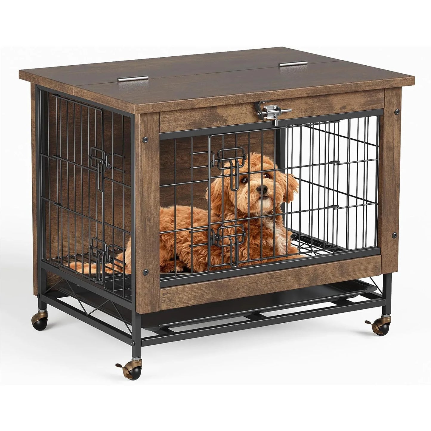 HiMISS Rustic Dog Crate Furniture With Wheels Indoor AntiChew Kennel