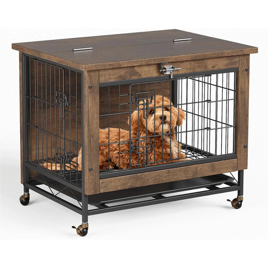 HiMISS Rustic Dog Crate Furniture With Wheels Indoor AntiChew Kennel