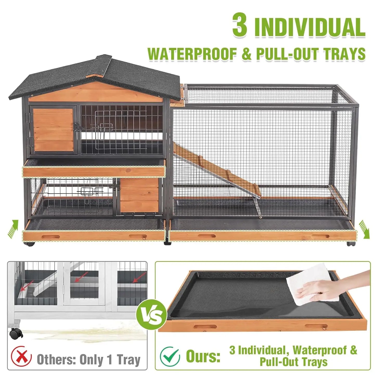 Two Story Rabbit Hutch With Chewproof Full Metal Frame And Locking Casters