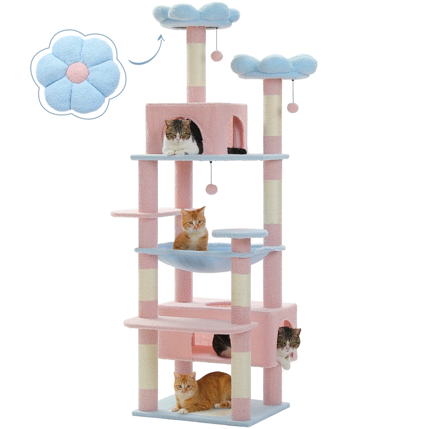 PETEPELA Cat Tree Tower With Sisal Posts, Hammock, Perches, Condos