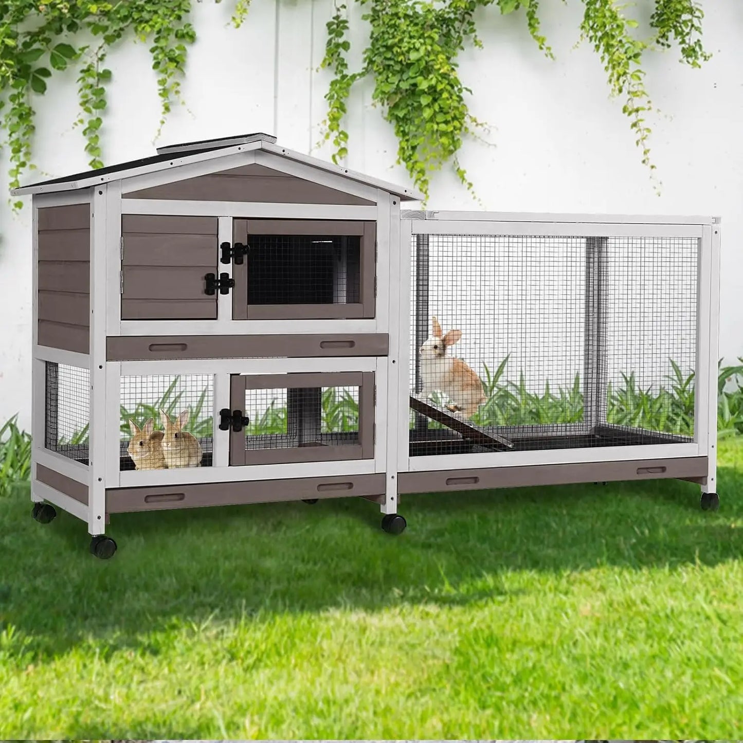 Two Story Rabbit Hutch With Chewproof Full Metal Frame And Locking Casters