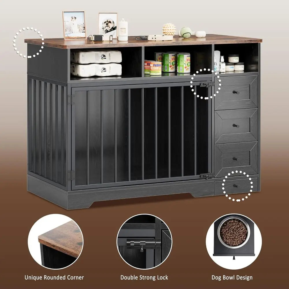 Farmhouse Style Heavy Duty Dog Crate End Table With Bowl Storage
