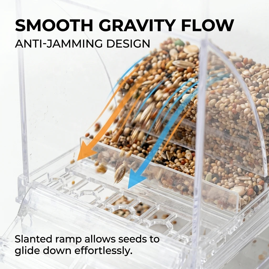 No Mess Automatic Bird Feeder Clear Acrylic Seed Dispenser Spill-Proof Parrot Feeder Cage Accessories for Budgies Parakeet Cockatiel Finch