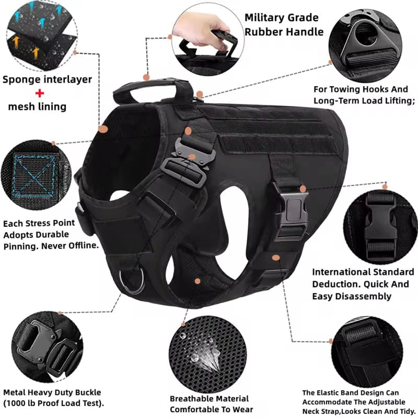 PETRAVEL Tactical Dog Harness With MOLLE Pouches For Medium Large Dogs