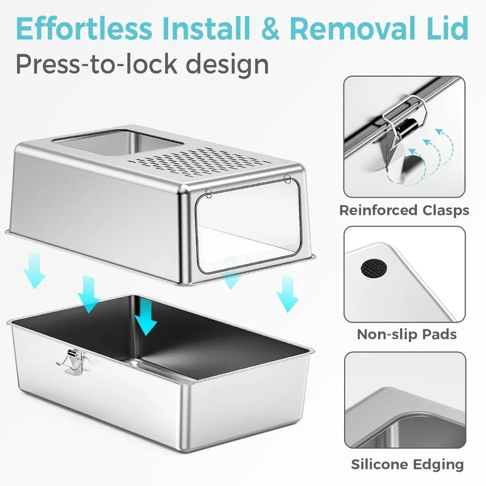 Enclosed Stainless Steel Litter Box High Sided Odor Control Easy Clean