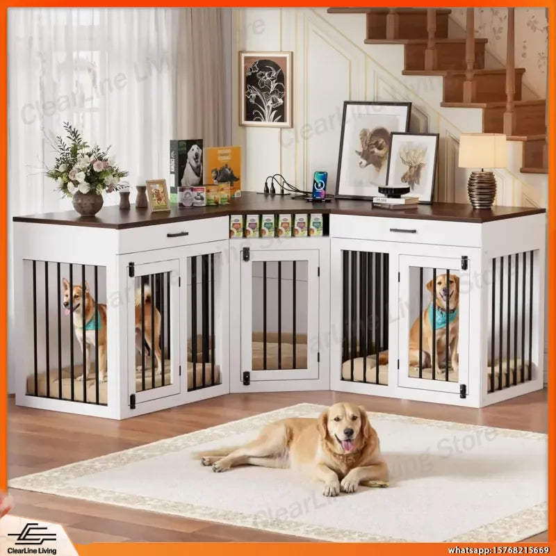 Wooden Dog Crate Furniture for Three Dogs Heavy Duty Double Kennel