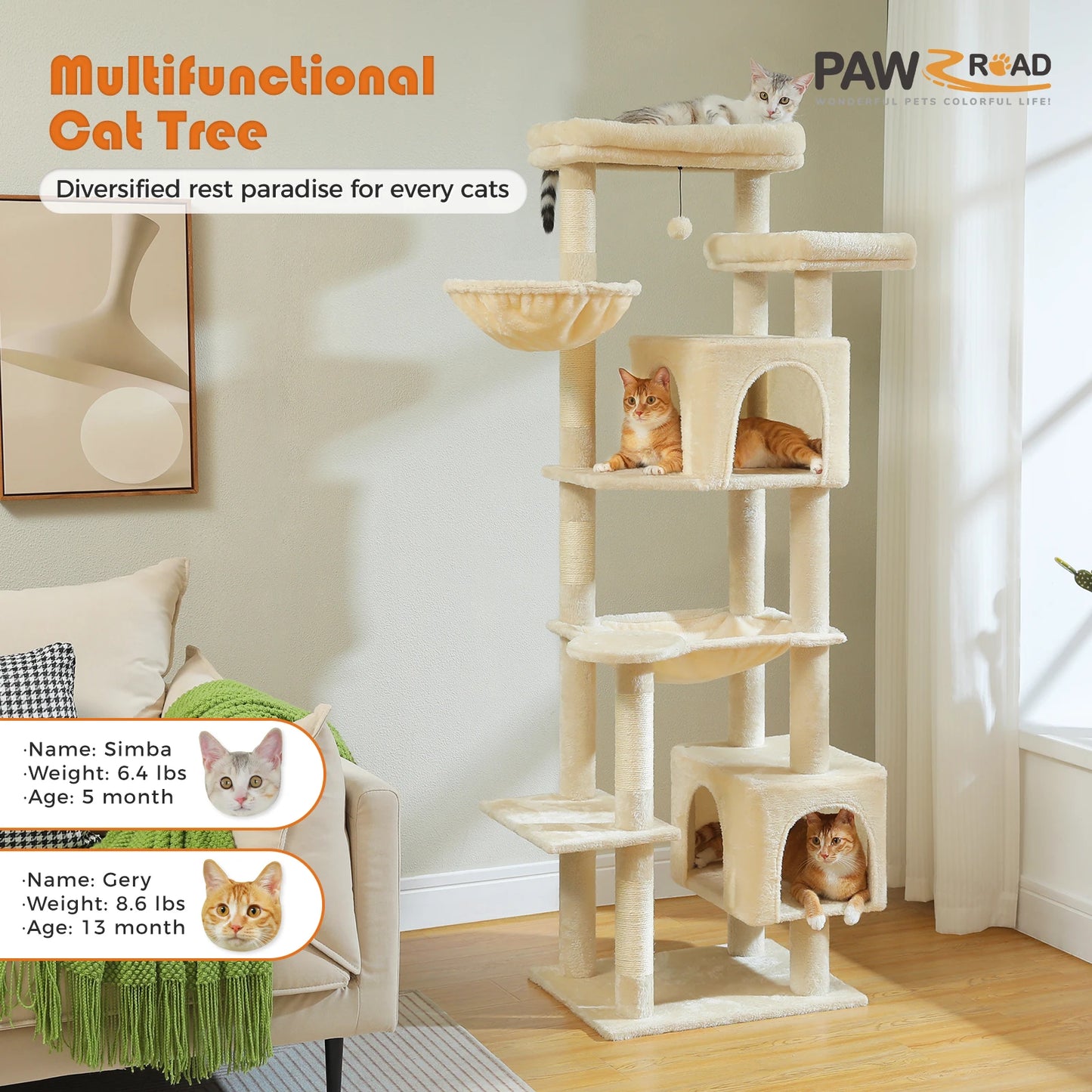 PAWZ Road Tall Cat Tree for Indoor Cats with Hammock and Scratching Posts
