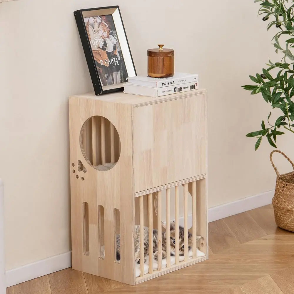 Two Tier Luxury Wood Cat House With Plush Cushions