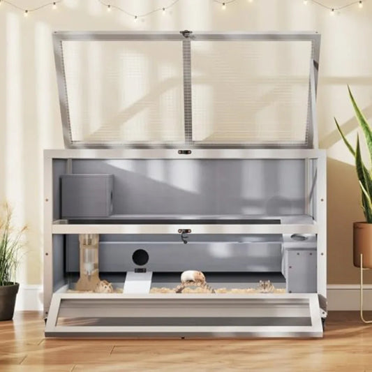 Three Tier Wooden Hamster Cage With Removable Ramps And Doors