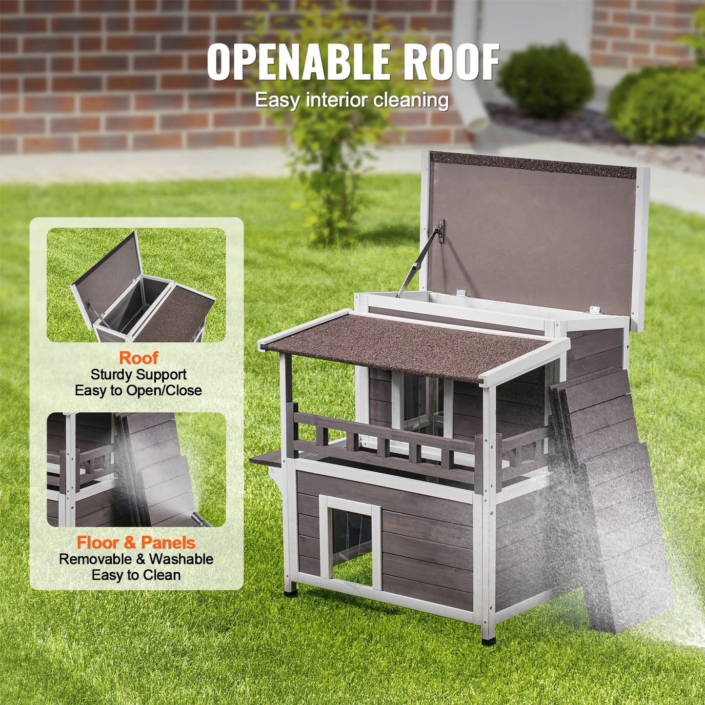 SucceBuy Outdoor Cat House Weatherproof 2 Story Wooden Shelter With Balcony Door