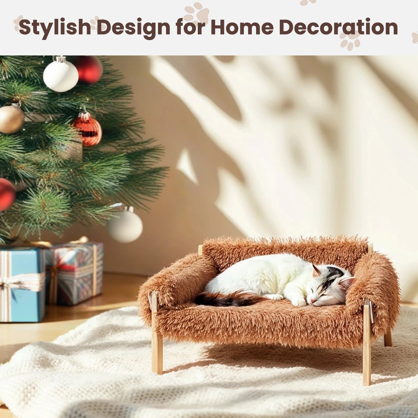 Raised Plush Cat Sofa Bed With Wooden Legs For Indoor Cats