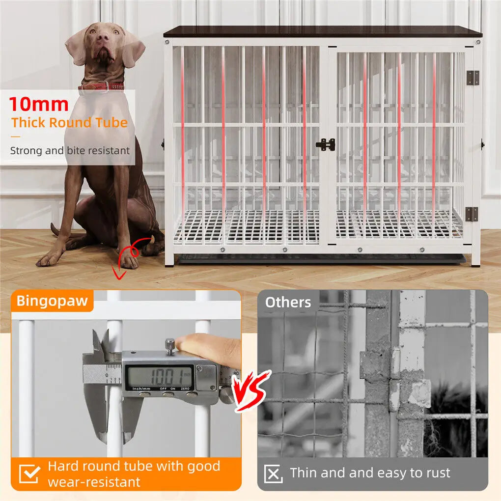 BINGOPAW Heavy Duty Dog Kennel End Table Metal Wood Cage Removable Tray