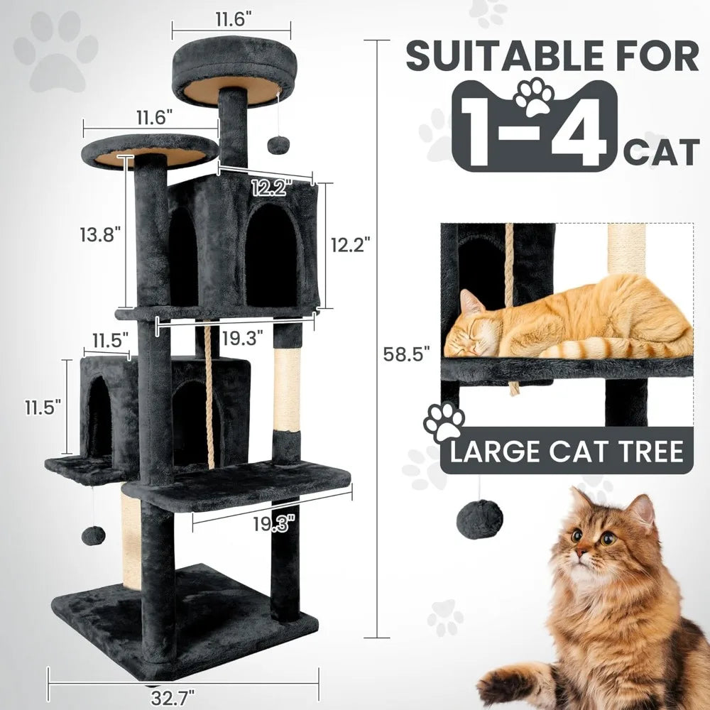 Large Multi-Level Cat Tree Condo Indoor Climbing Tower Scratching Post Sisal Soft Plush Black Grey