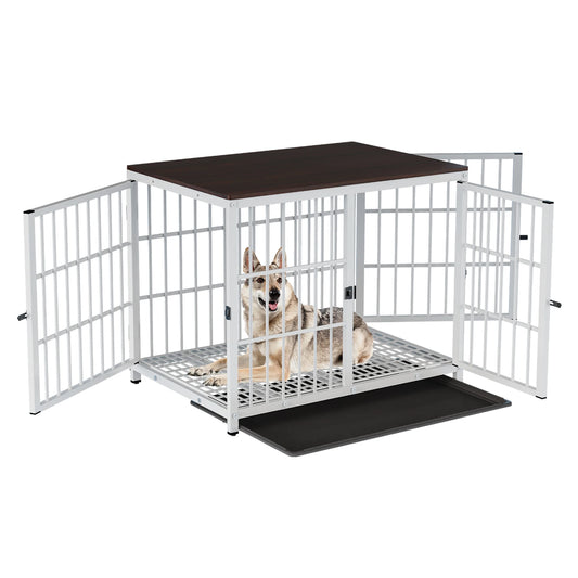 BINGOPAW Heavy Duty Dog Kennel End Table Metal Wood Cage Removable Tray